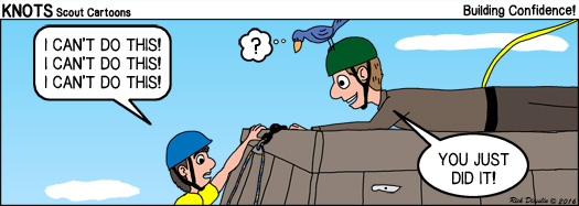 Cartoon image of a rock climber who made it to the top saying I can't do this and an on looker saying You Just Did It