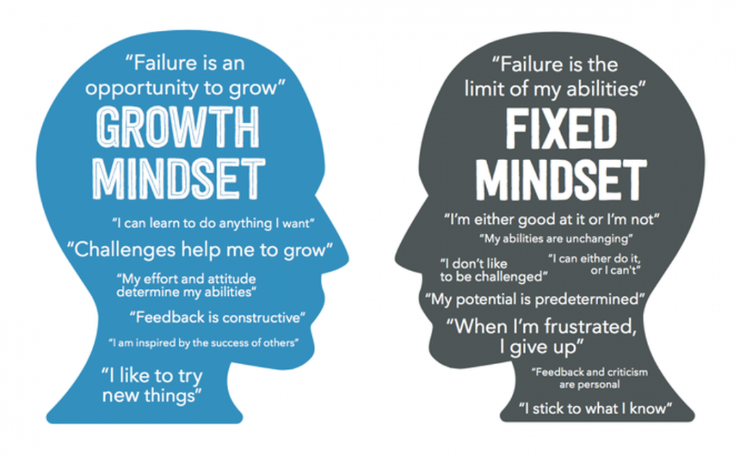 Image of two face profiles facing each other, one titled "growth mindset" another "fixed mindset"